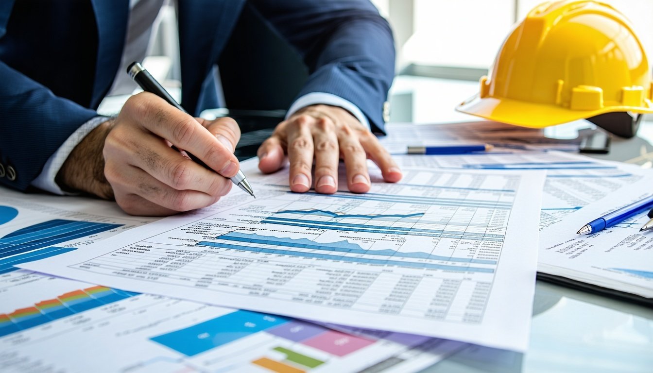 Architect reviewing financing documents to expand business