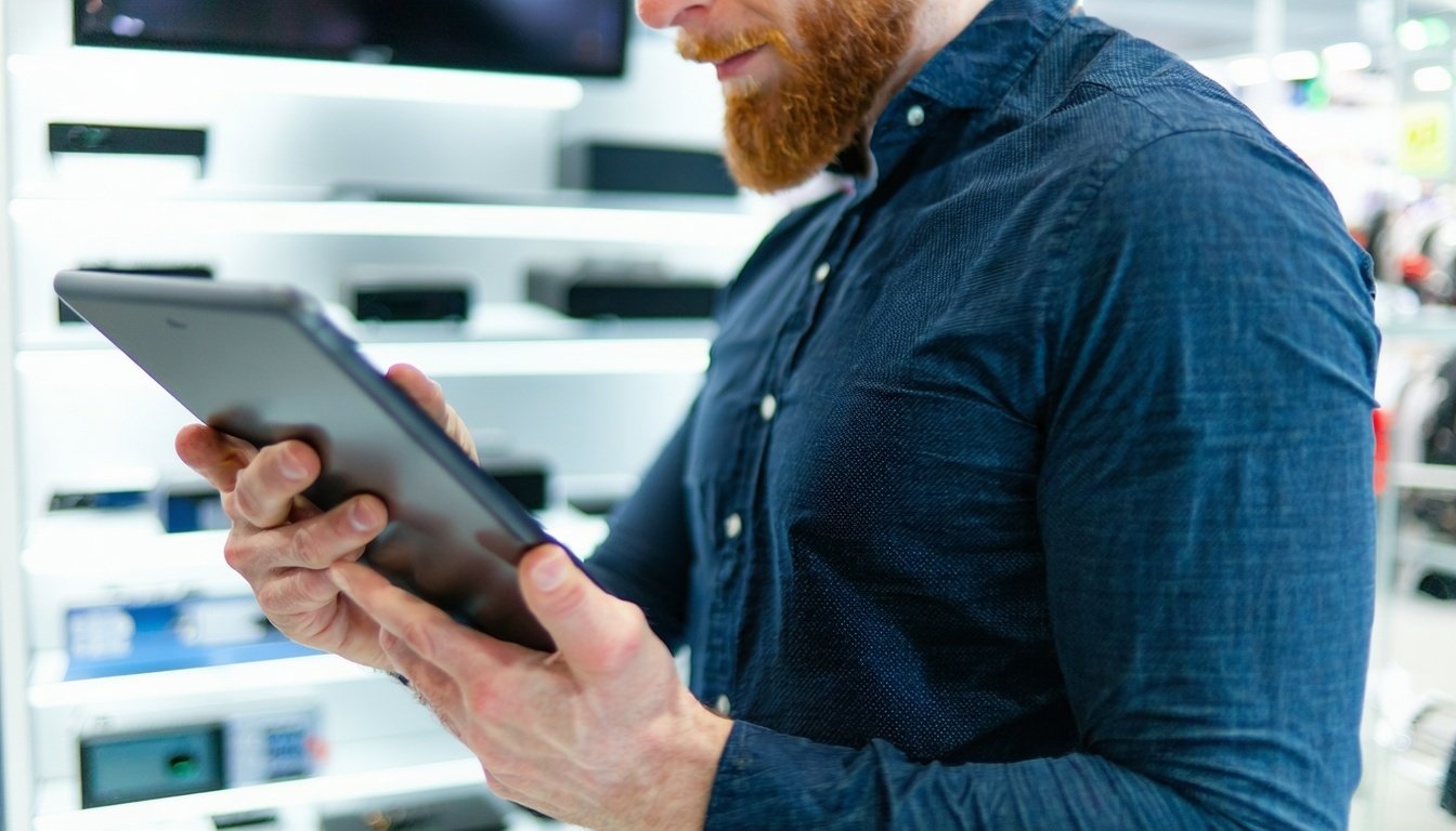 Business owner comparing equipment leasing providers on a digital tablet