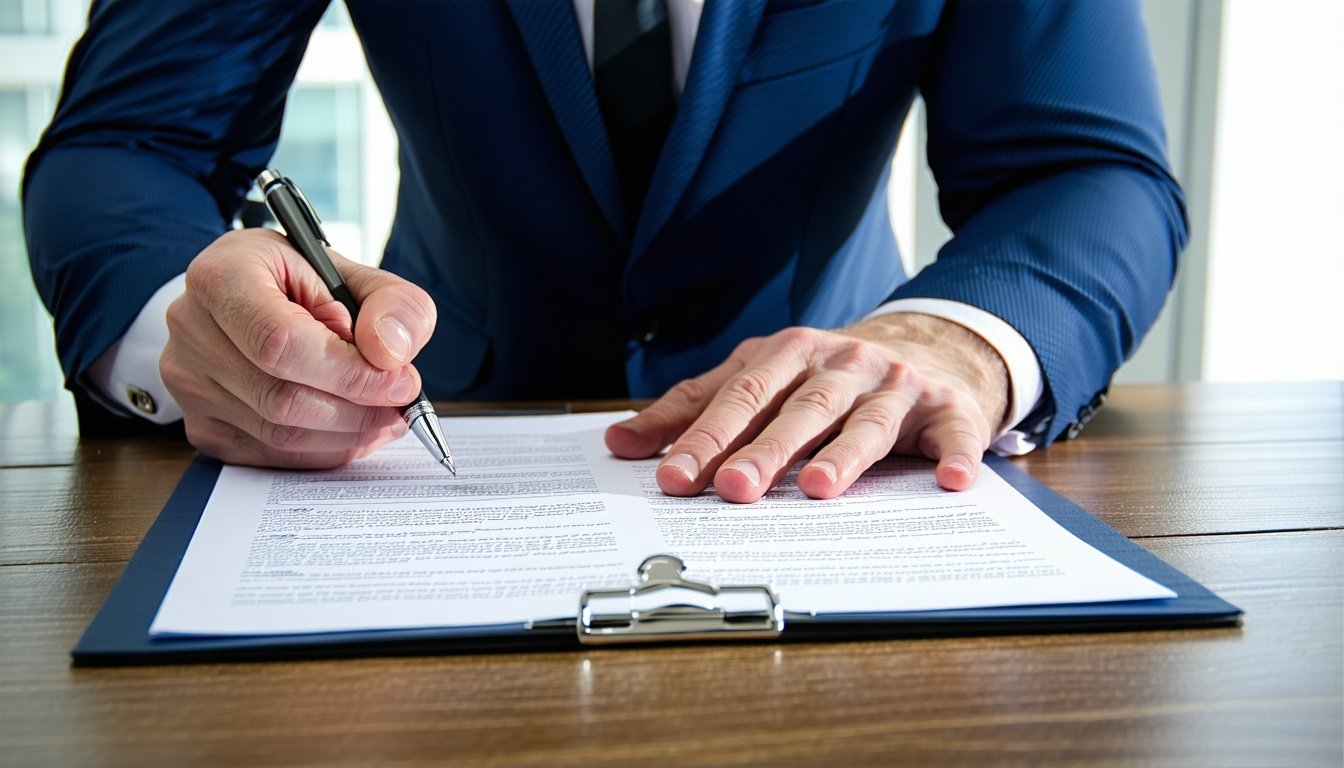 Business owner signing a government contract after award notification