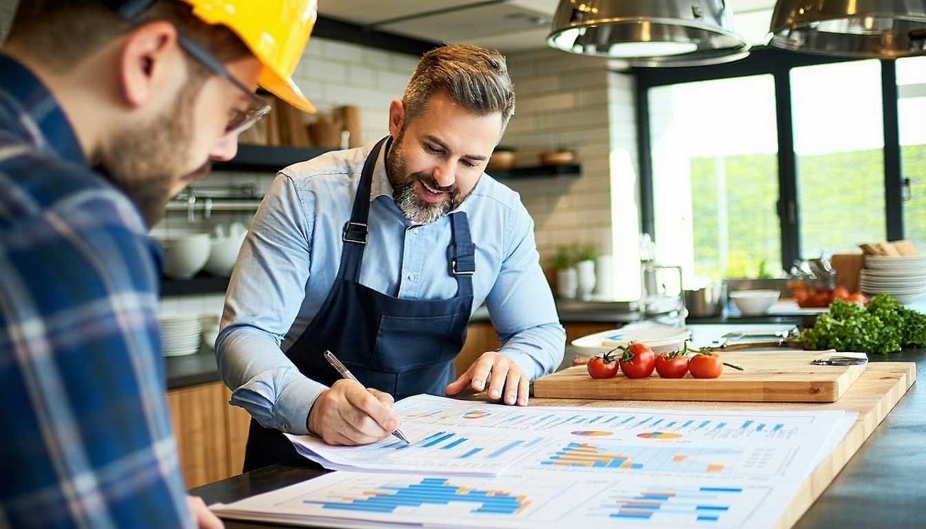 Contractor reviewing kitchen renovation financing plans with a restaurant owner