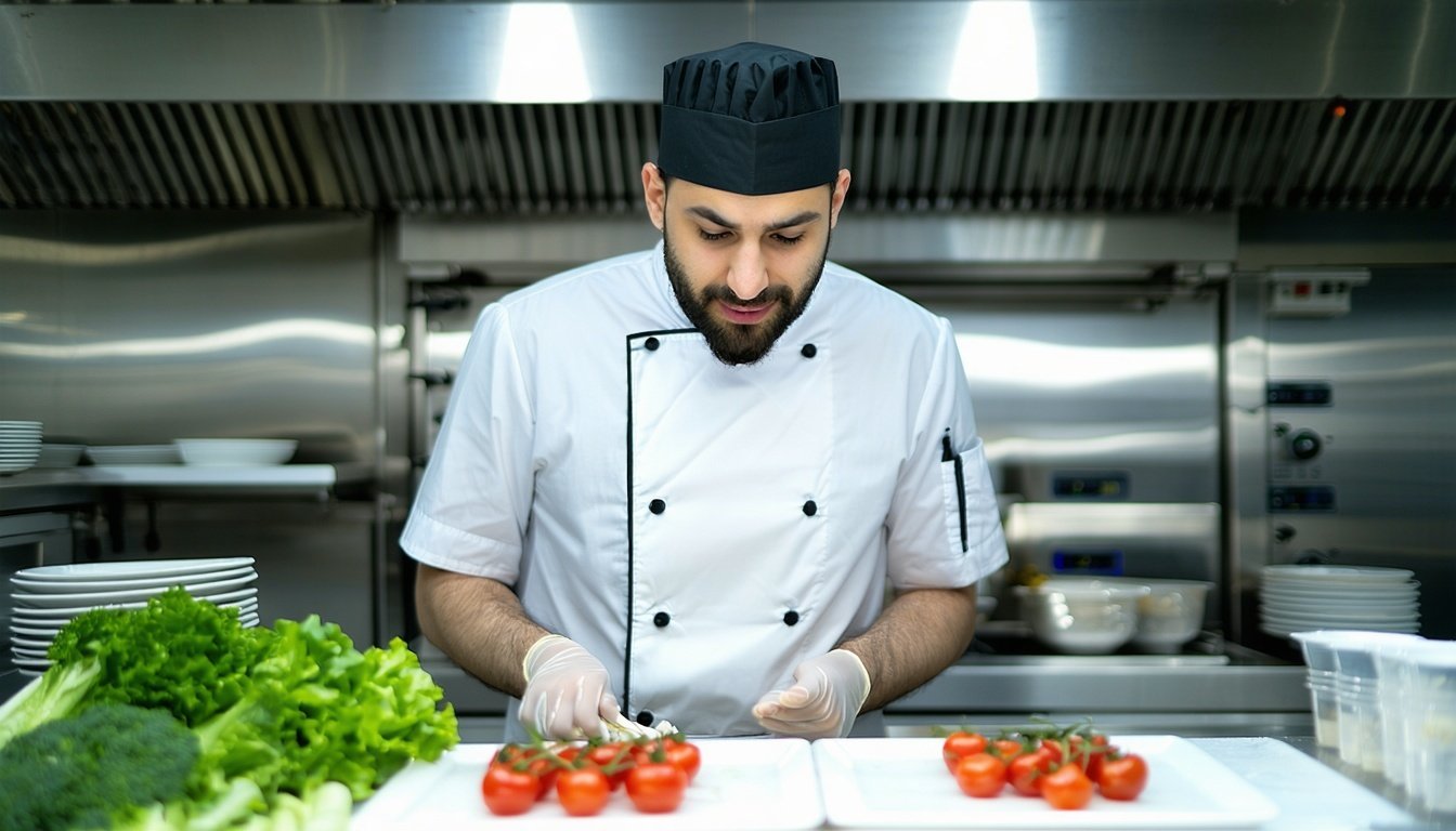 Food entrepreneur developing a new product in a commercial kitchen
