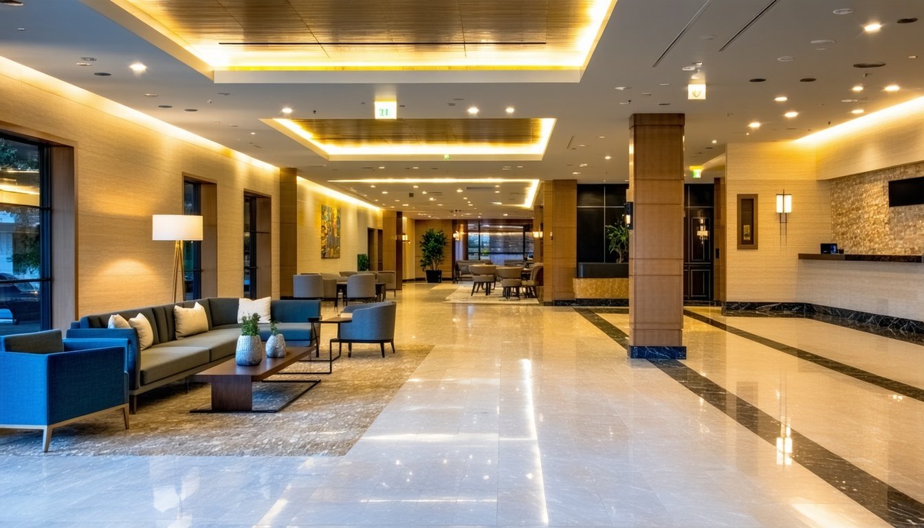  Modern hotel lobby after renovation with new seating and lighting