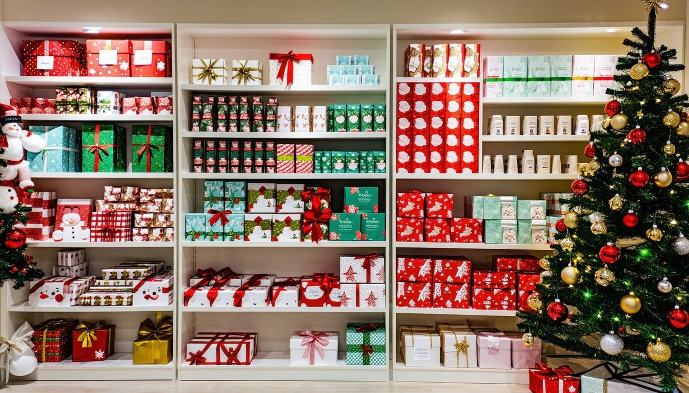 Shelves filled with holiday merchandise purchased with a business loan
