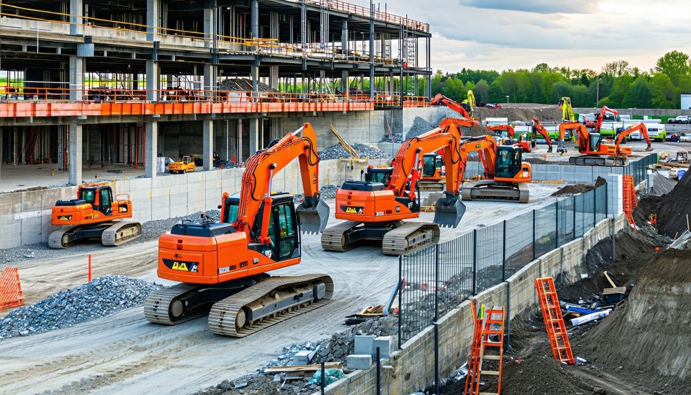 Excavator digging foundation at a New Jersey development site.