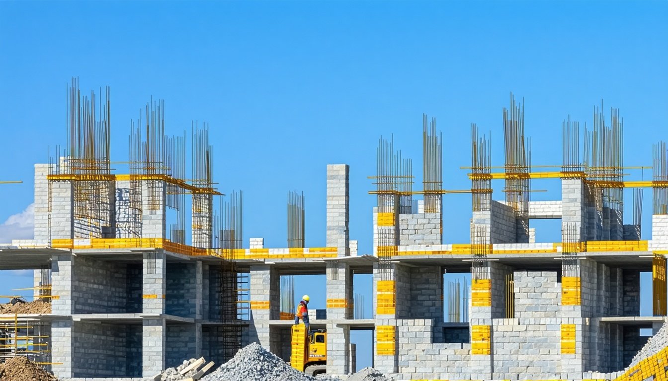 The image depicts a bustling masonry construction site under a clear blue sky