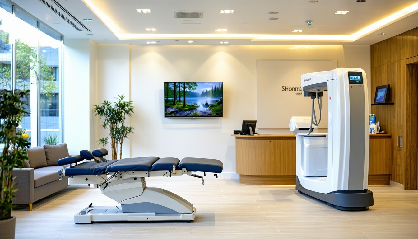 The image depicts a modern chiropractic clinic interior, featuring sleek, white walls.