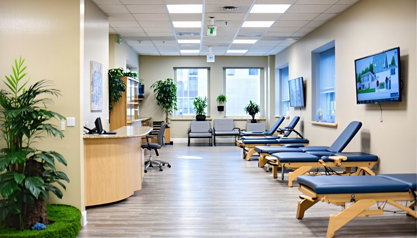 The image depicts a modern rehabilitation and physical therapy clinic. 