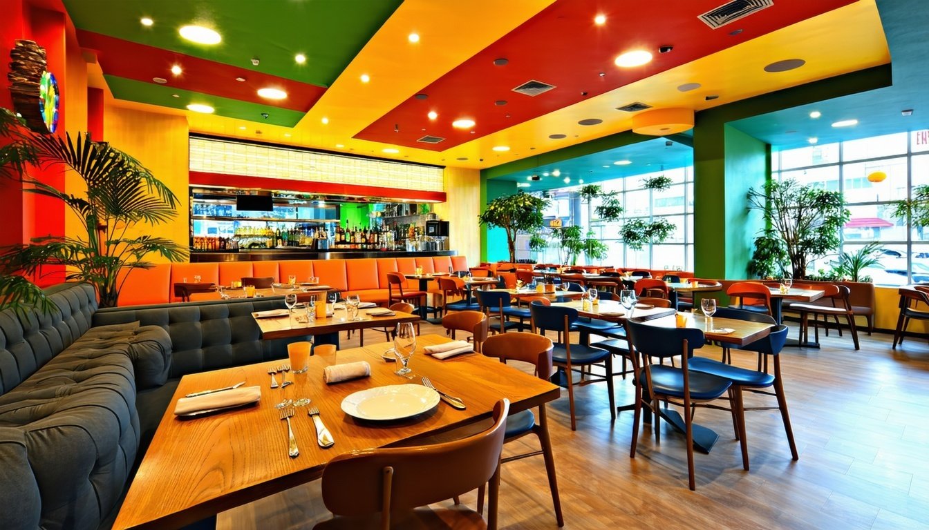The image depicts a vibrant and modern restaurant interior, showcasing an inviting dining area filled with stylish wooden tables and comfortable chairs. 
