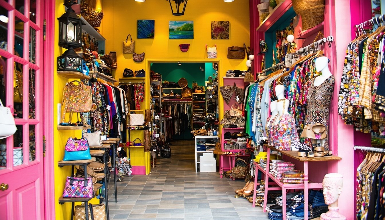 The image depicts a vibrant boutique retail space filled with an eclectic array of merchandise.