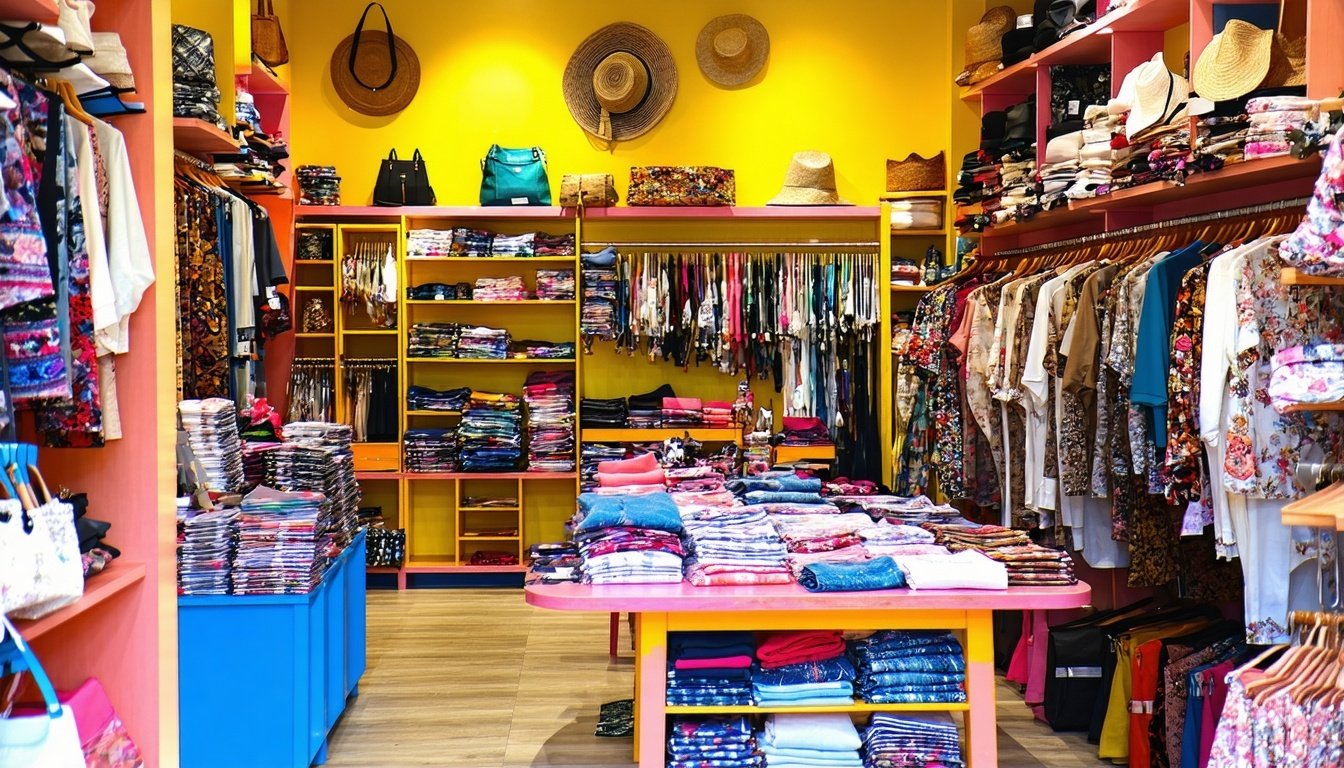The image depicts a vibrant boutique retail space filled with an eclectic mix of inventory.