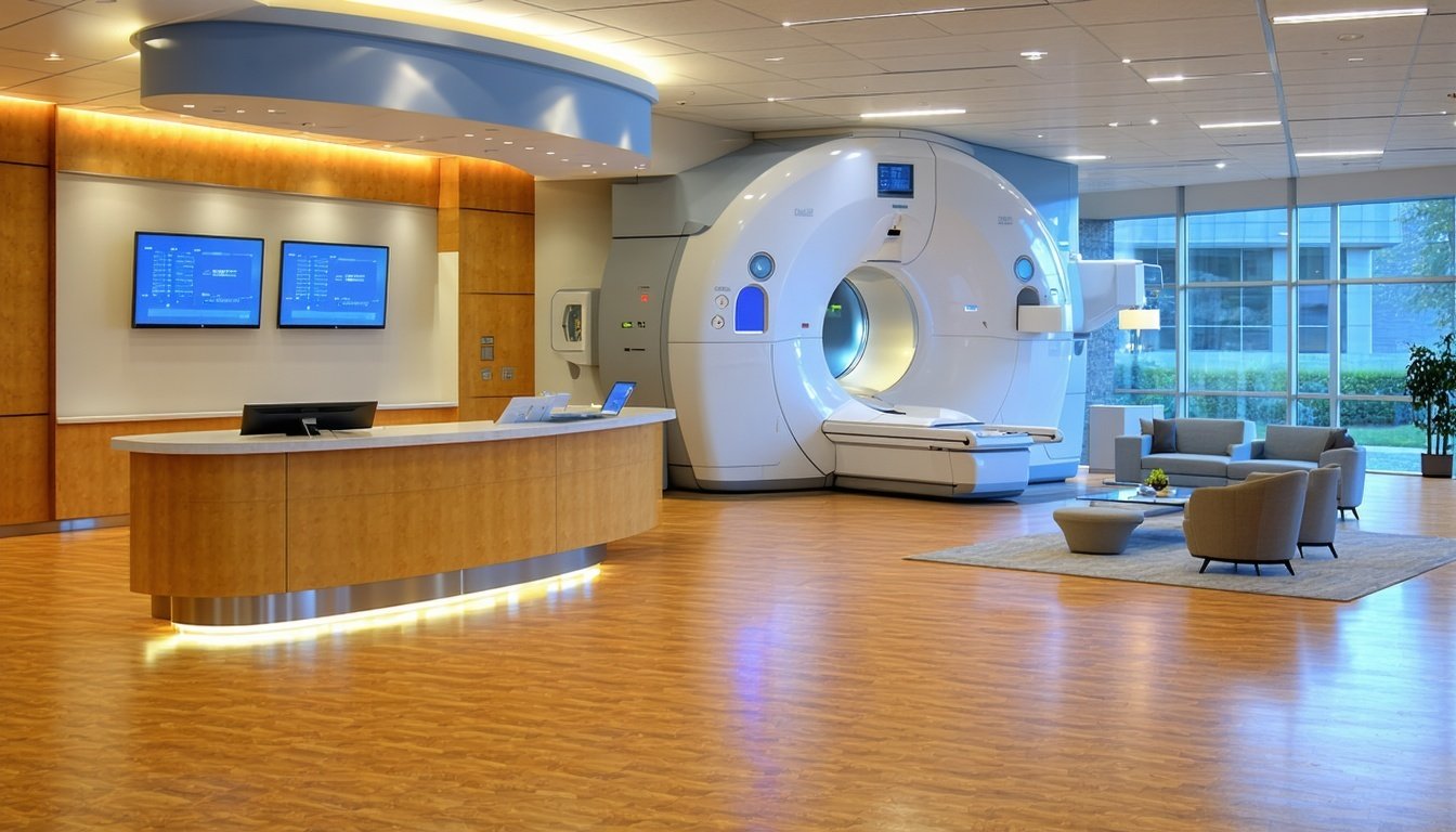 The image features a modern medical imaging center, showcasing a sleek, well-lit reception area with polished wooden floors and contemporary furnishings