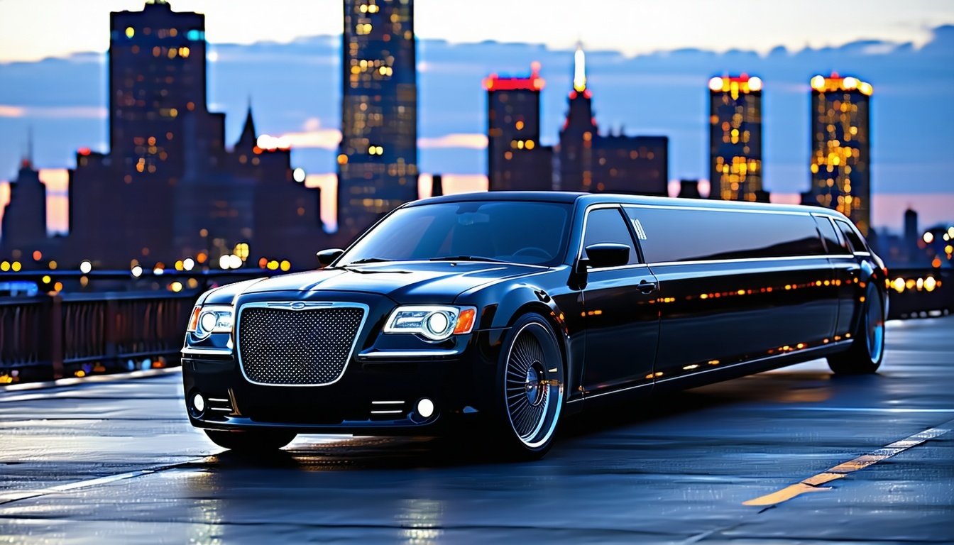 The image features a sleek black limousine parked against a backdrop of a bustling city skyline at dusk.
