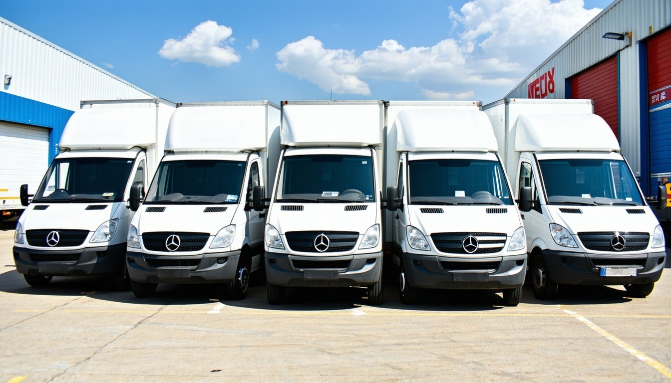 The image showcases a fleet of five cargo and commercial vans parked in a well-organized logistics yard. 