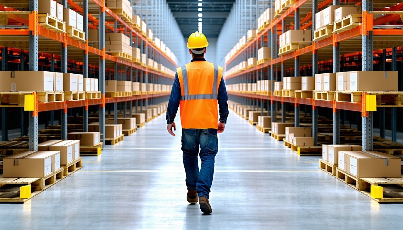 Worker walking between newly installed warehouse shelving units funded by equipment loan