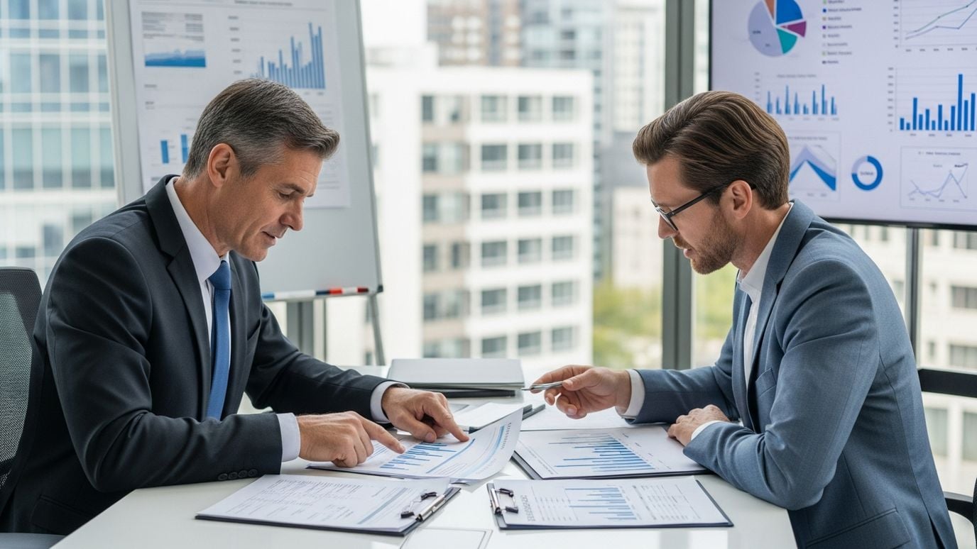 Two business professionals reviewing financial documents for an asset-based lending consultation in a modern office